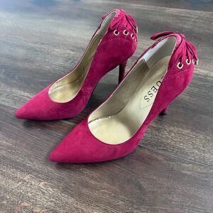 GUESS Red Suede Pointed Toe Pumps Corset Lace Up Back Bow Stiletto Heels Size 6